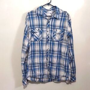 BKE Buckle Mens plaid long sleeve button shirt Large | Athletic Fit | Blue White